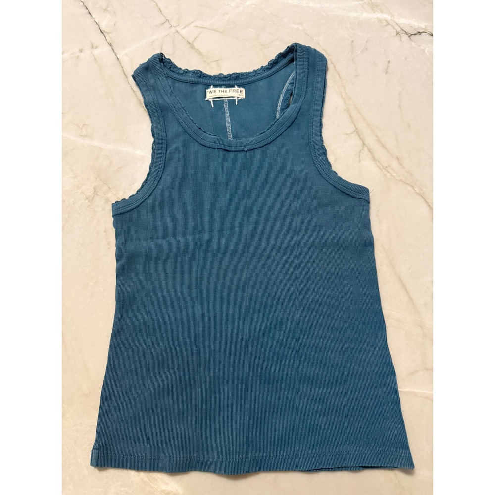 We The Free Free People Teal Blue Ribbed Lace Trim Racerback Tank Top Small